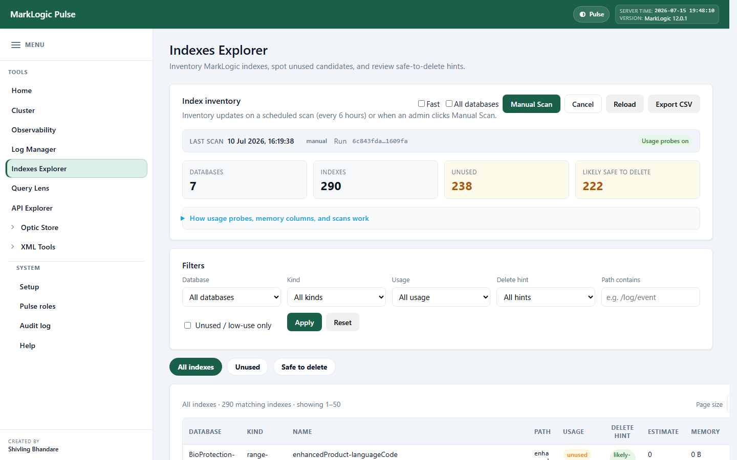 Indexes Explorer in MarkLogic Pulse