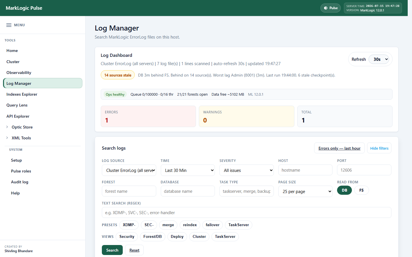 Log Manager in MarkLogic Pulse